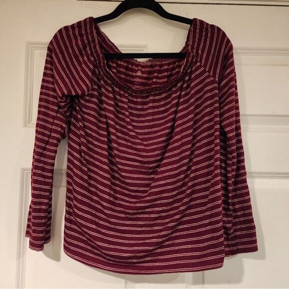SO maroon and white striped off the shoulder long sleeve blouse L - Picture 1 of 3